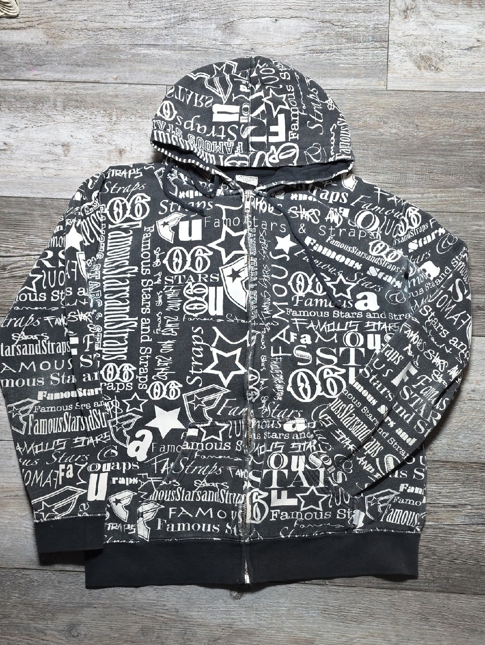 Famous Stars And Straps Vintage Y2K AOP Logo Hoodie Sz XL